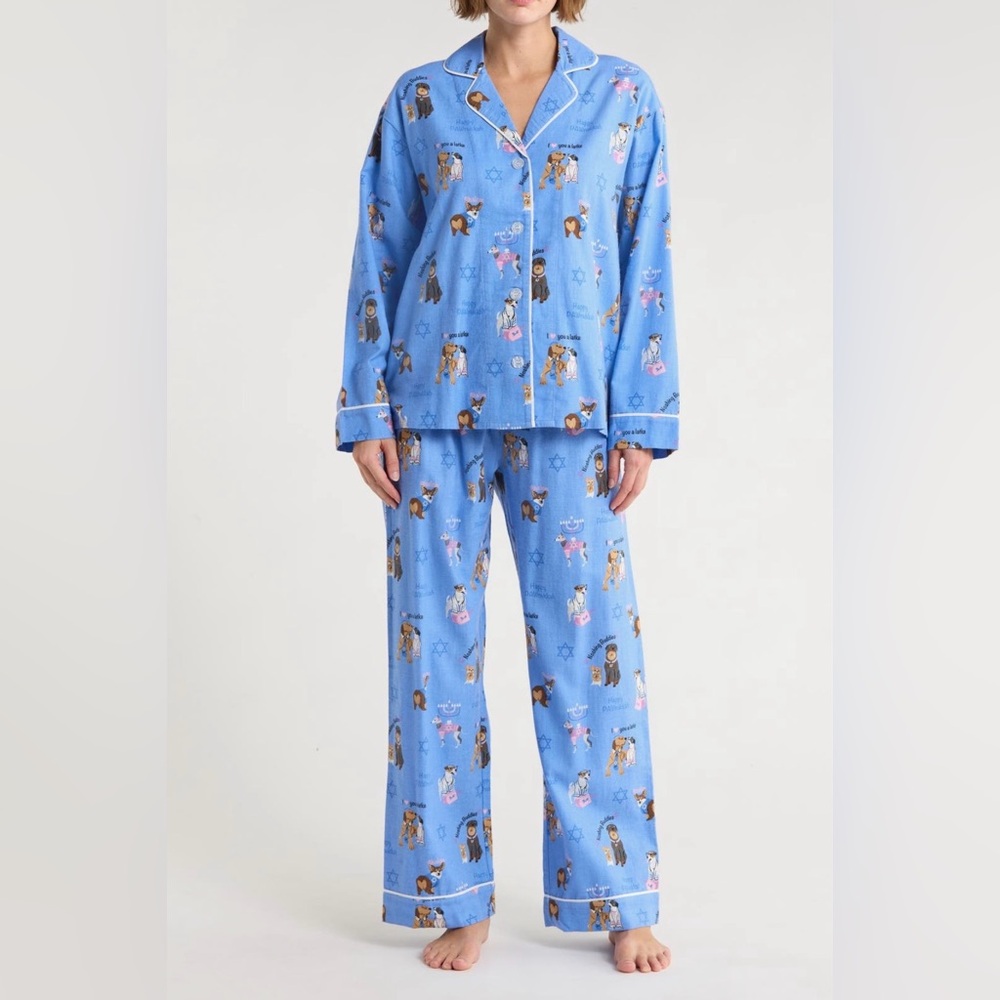 PJ Salvage Blue 100% Cotton Flannel Dog & Cat Hanukkah Pajama Top Size Large NWT